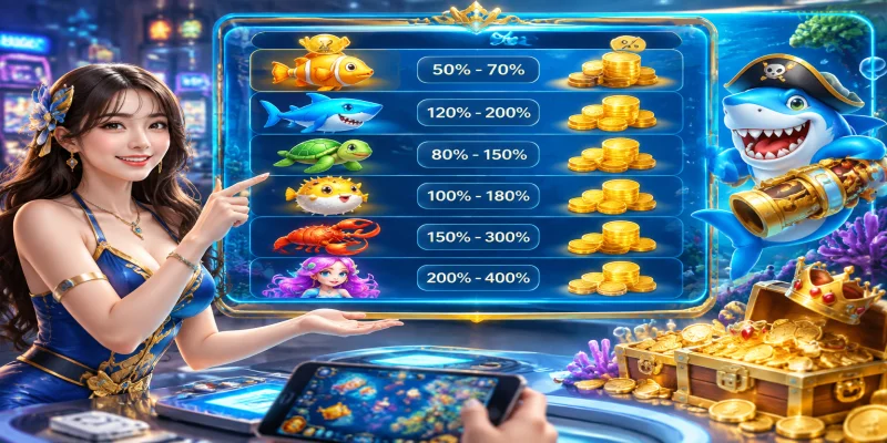 Bảng thống kê tỷ lệ trả thưởng của các loại sinh vật biển phổ biến trong trò chơi