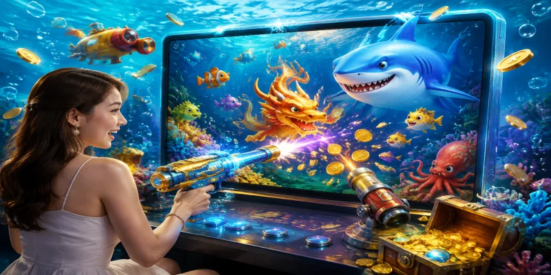 Giao diện sảnh game bắn cá nh88 với đồ họa 3D sắc nét cùng nhiều sinh vật biển độc đáo